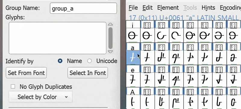 Drag-selecting glyphs and adding them to a group